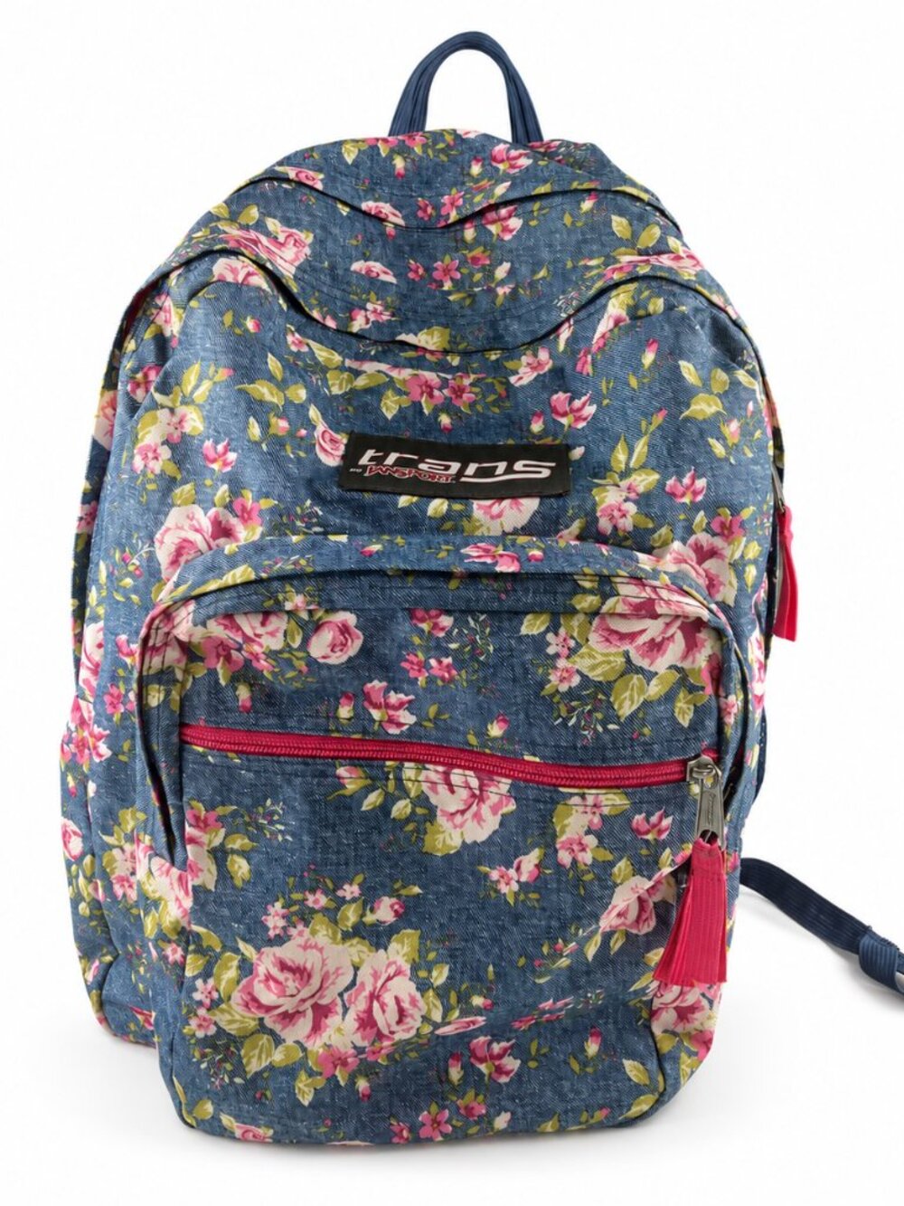 JanSport Floral Denim Backpack Cottagecore Blue Pink Roses School Laptop Bag Y2K